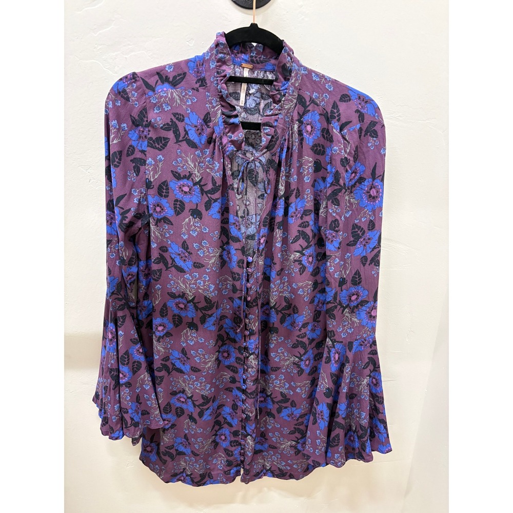 Free People Floral Bell Sleeve Tunic Top Purple Blue Ruffle Neck XS OB539806